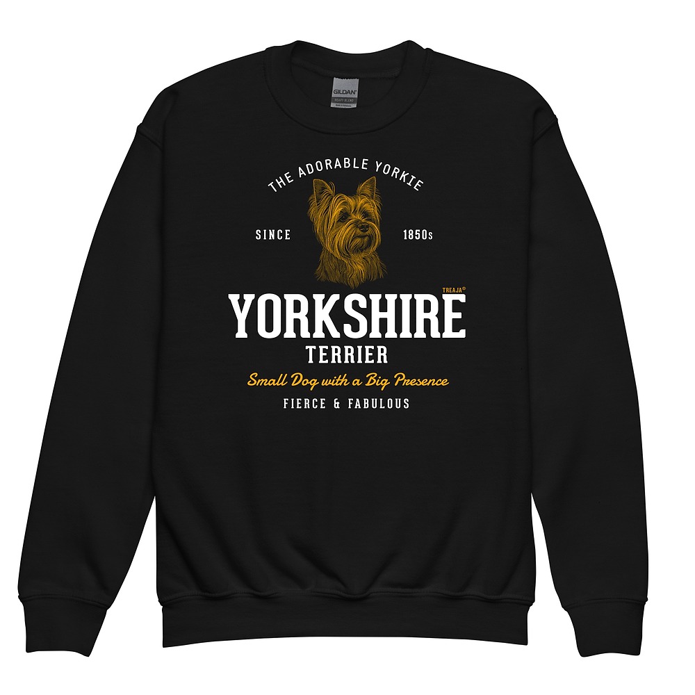 Youth crewneck sweatshirt displaying vintage-style Yorkshire Terrier dog artwork in retro design with ribbed cuffs and hem