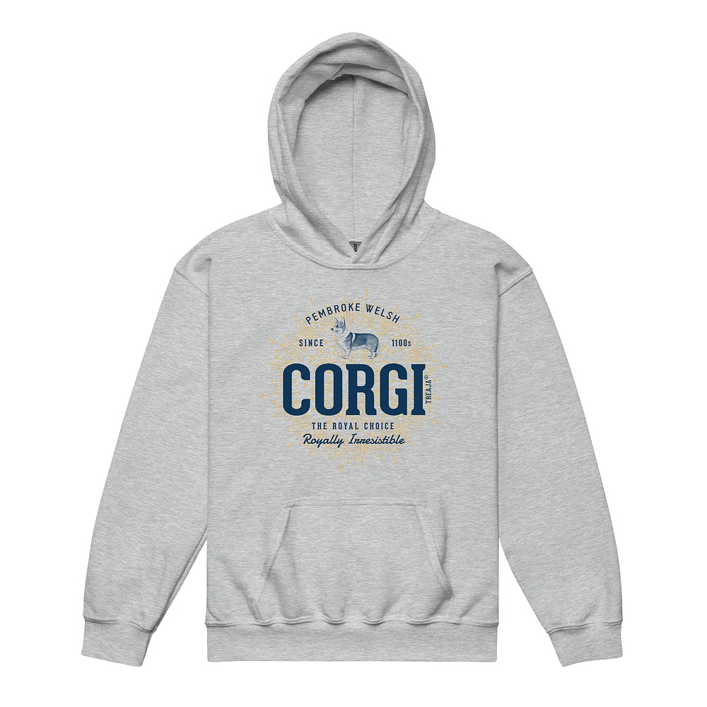 Youth hoodie with retro Pembroke Welsh Corgi dog design in vintage style artwork