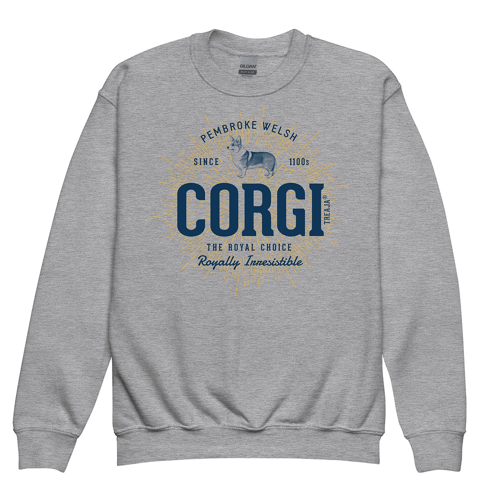 Youth crewneck sweatshirt displaying vintage-inspired Pembroke Welsh Corgi illustration in retro design style