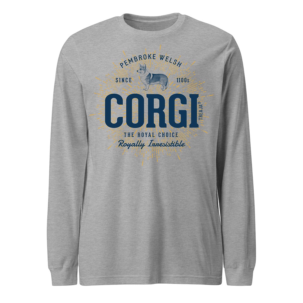 Vintage-style Pembroke Welsh Corgi illustration on comfortable cotton long sleeve shirt with ribbed cuffs