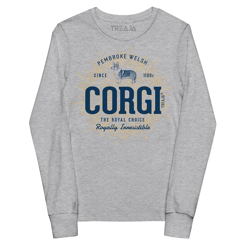 Youth long sleeve shirt displaying retro-style Pembroke Welsh Corgi dog illustration in charming vintage colors