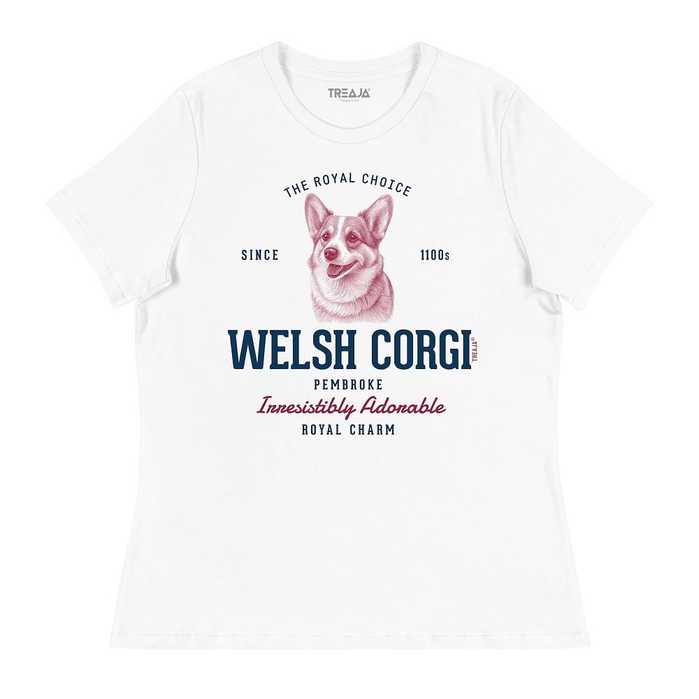 Women's relaxed fit t-shirt featuring vintage-style Pembroke Welsh Corgi dog illustration in retro design