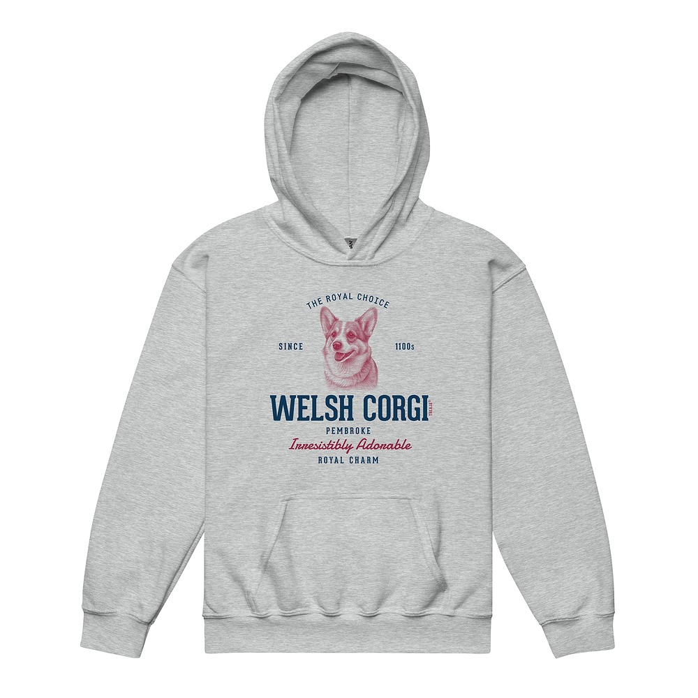 Youth pullover hoodie featuring vintage-style Pembroke Welsh Corgi illustration with retro design elements