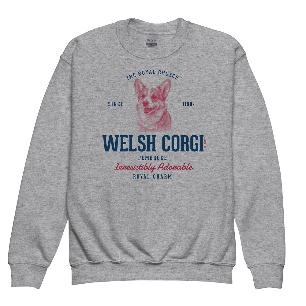 Youth crewneck sweatshirt featuring retro Pembroke Welsh Corgi design with vintage-inspired artwork