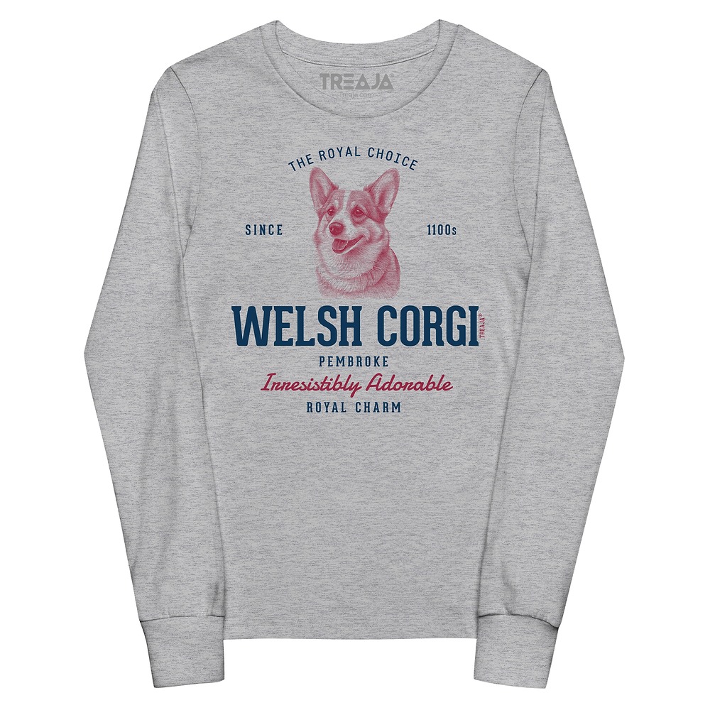 Youth long sleeve shirt displaying vintage-style Pembroke Welsh Corgi illustration in retro design