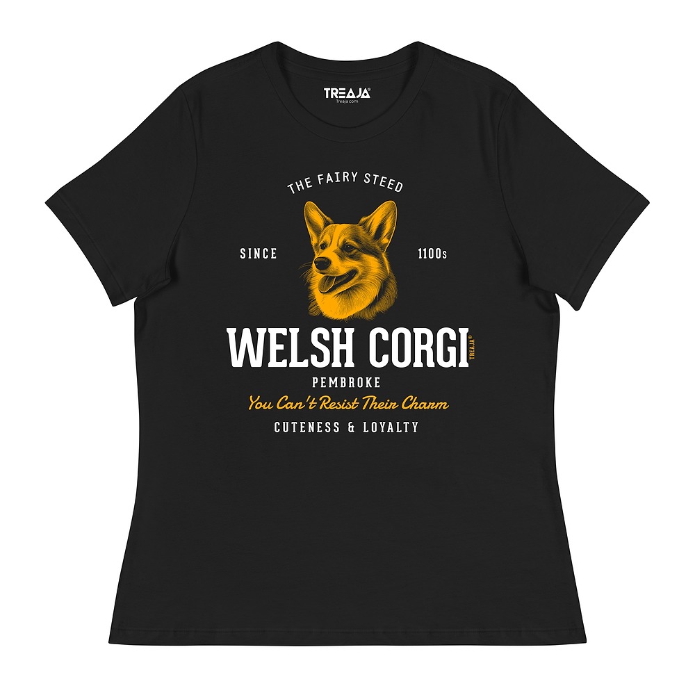 Women's relaxed t-shirt featuring vintage-style Pembroke Welsh Corgi dog illustration in retro design