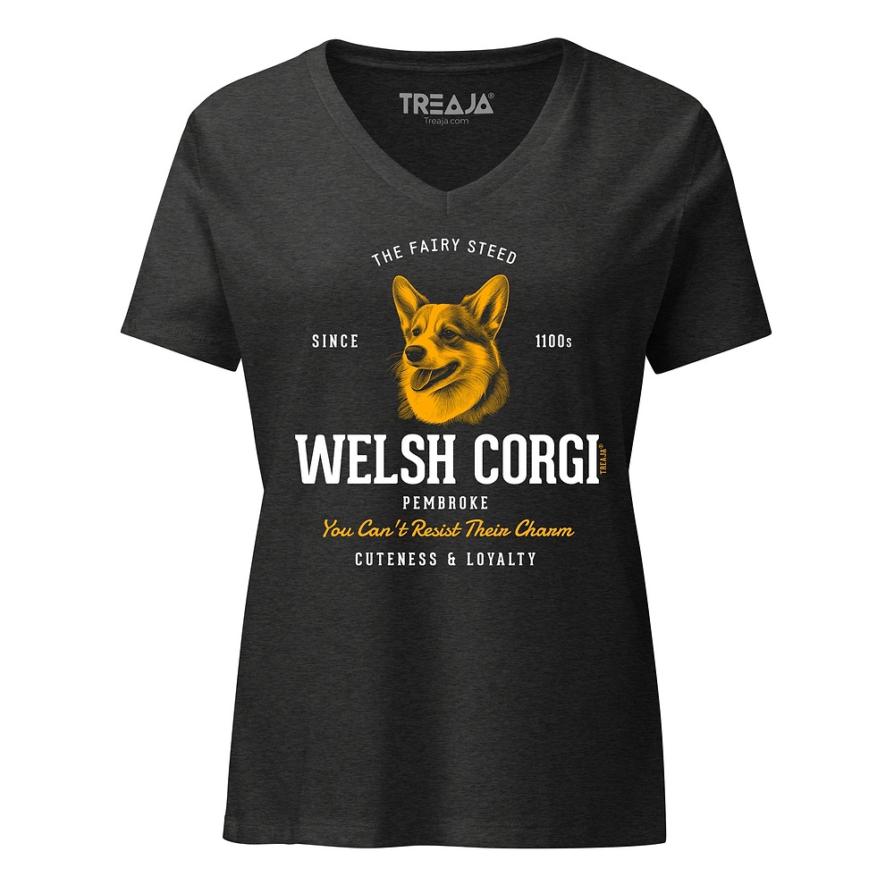 Women's v-neck tee featuring retro Pembroke Welsh Corgi artwork in vintage-inspired design