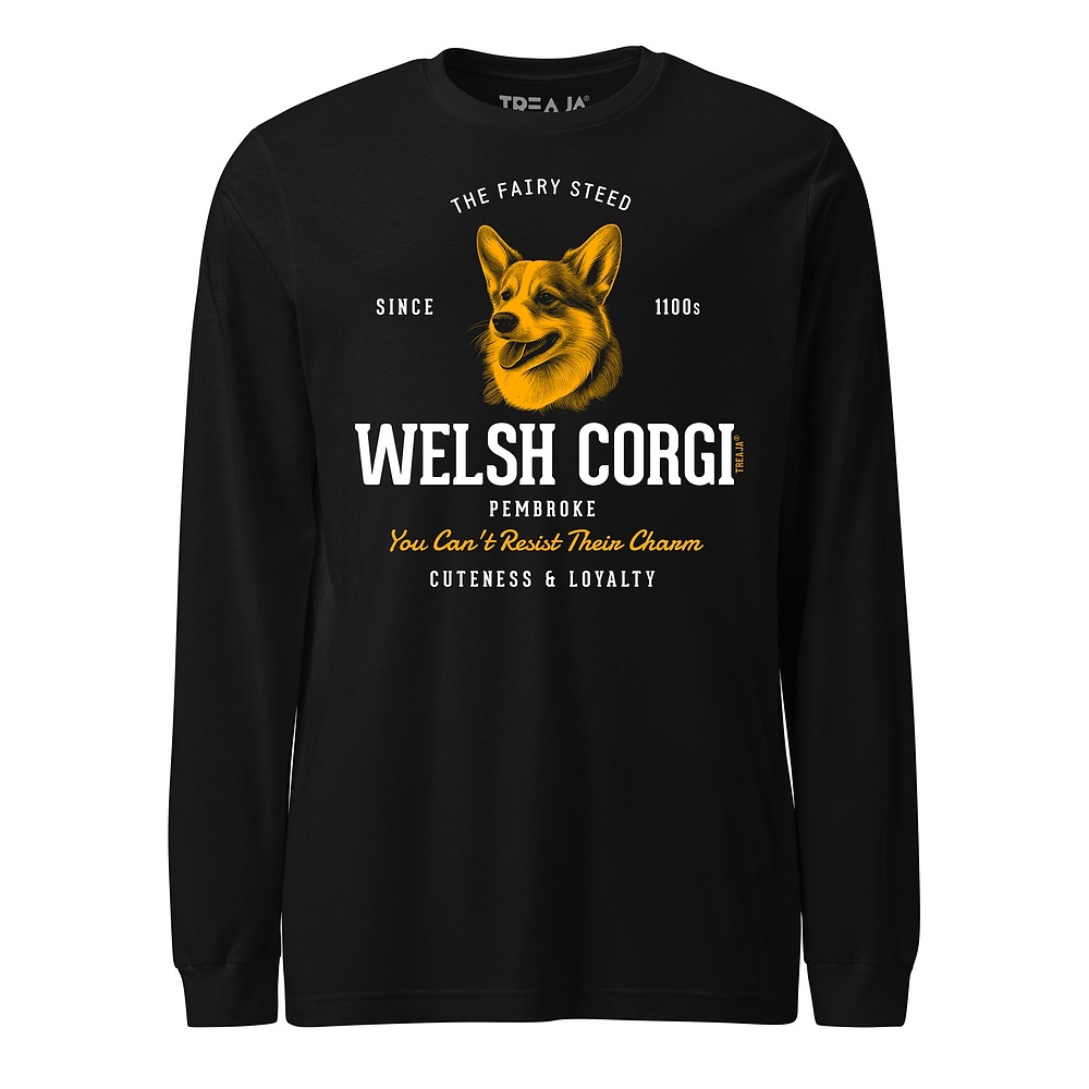 Retro-style Pembroke Welsh Corgi illustration on soft cotton long sleeve shirt with ribbed cuffs