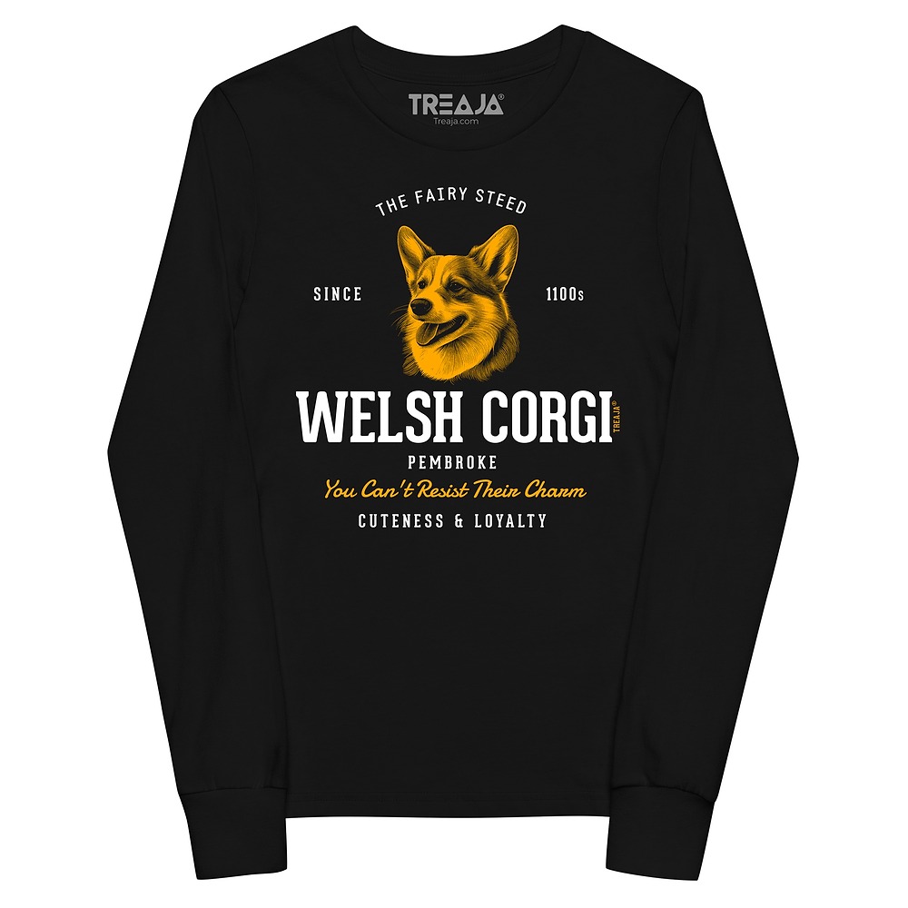 Youth long sleeve shirt displaying vintage-inspired Pembroke Welsh Corgi artwork in retro style design