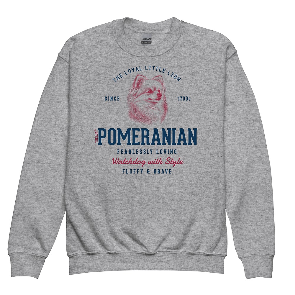 Youth crewneck sweatshirt displaying retro Pomeranian dog artwork in vintage-inspired design with ribbed cuffs