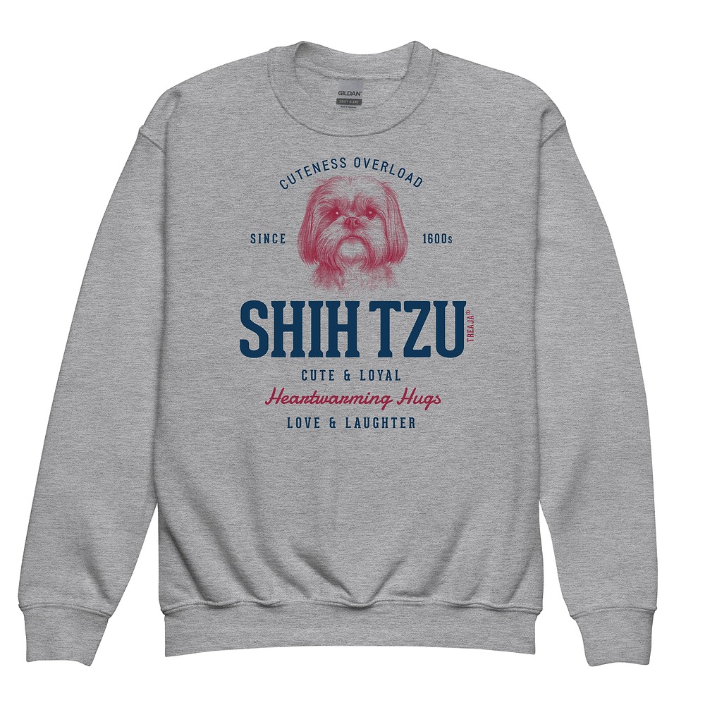 Youth crewneck sweatshirt featuring vintage-style Shih Tzu dog illustration in retro design
