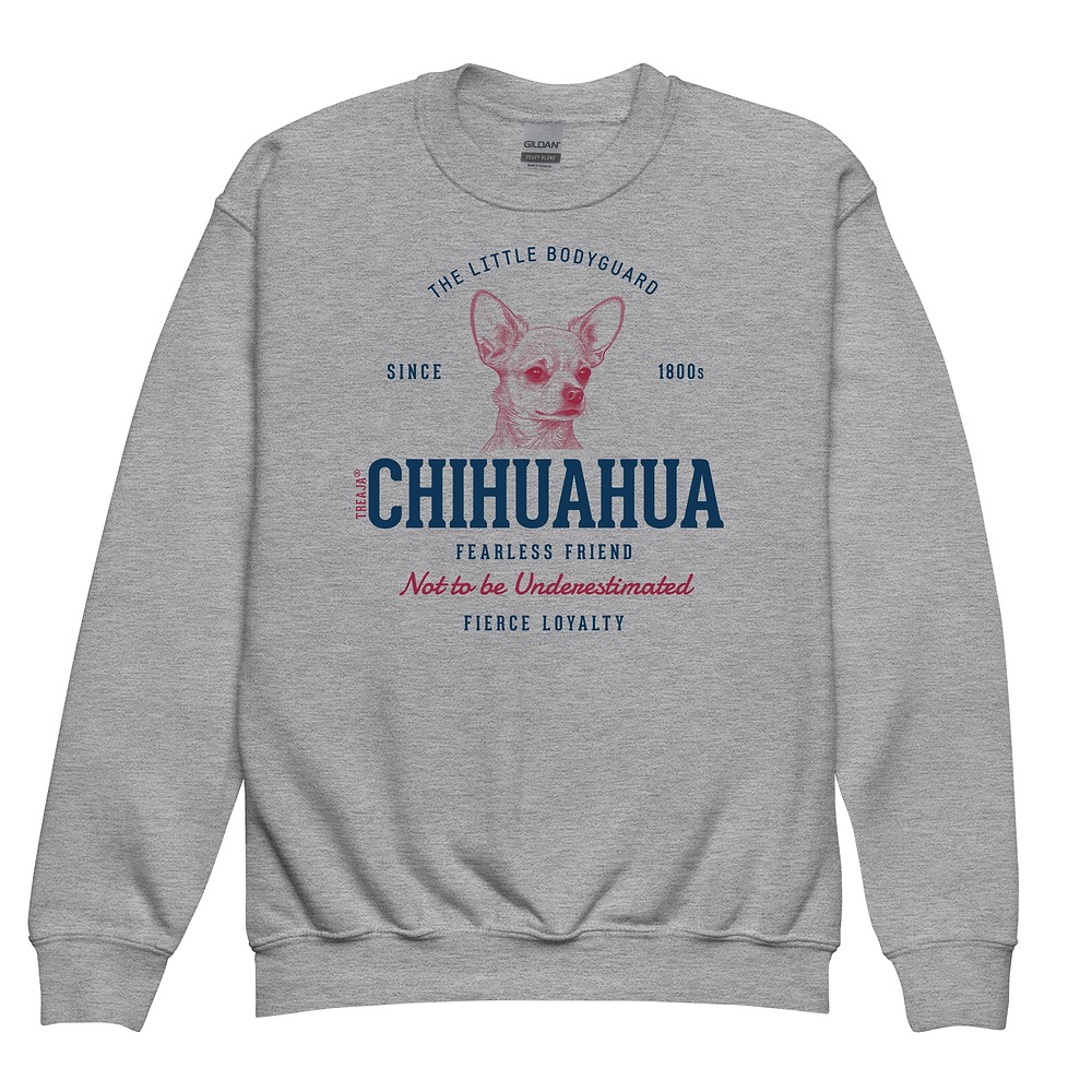 Youth crewneck sweatshirt featuring retro Chihuahua dog artwork in vintage-inspired design style