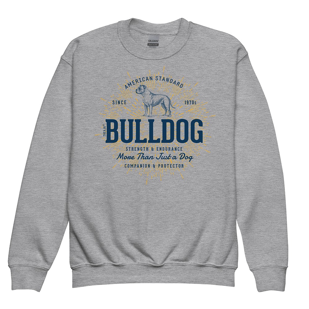 Youth crewneck sweatshirt displaying retro American Bulldog artwork in vintage-inspired style with ribbed cuffs