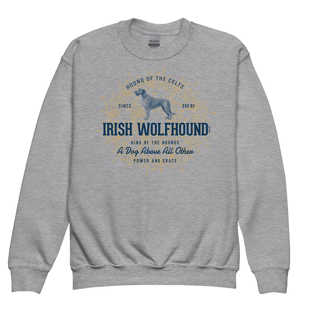 Youth sweatshirt featuring vintage-style Irish Wolfhound illustration in retro colors on soft fleece fabric
