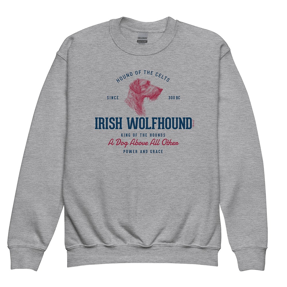 Youth crewneck sweatshirt displaying vintage-inspired Irish Wolfhound artwork in retro color scheme on soft fleece fabric