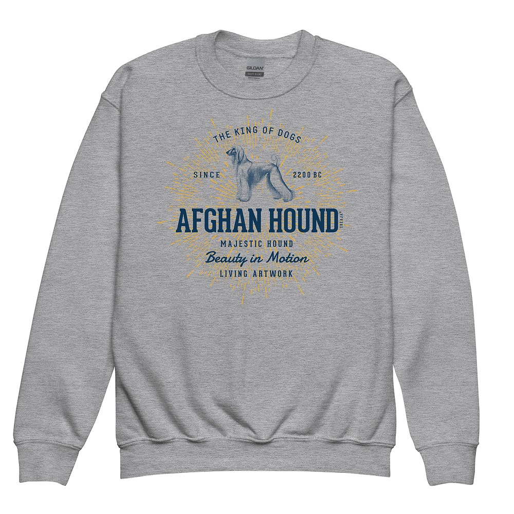 Youth crewneck sweatshirt featuring retro Afghan Hound dog illustration with flowing coat in vintage-inspired design