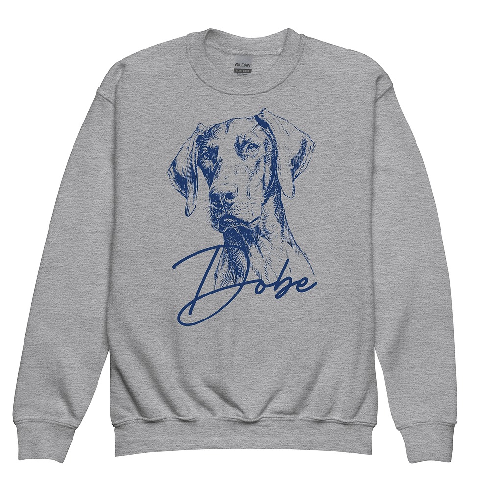 Youth sweatshirt featuring a retro blue portrait of a Doberman Pinscher in vintage-inspired Blueprint artwork