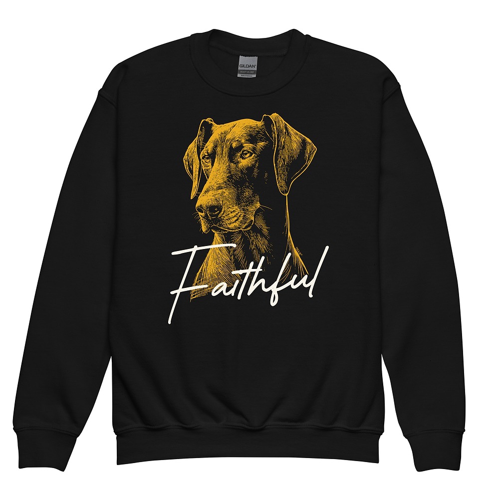 Youth sweatshirt with retro gold portrait of a Doberman Pinscher, vintage-inspired artwork on soft fleece crewneck