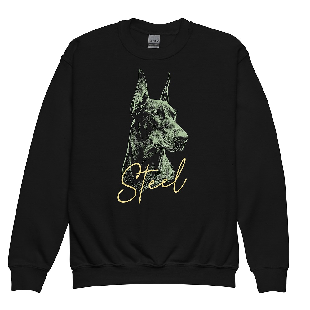 Youth sweatshirt with a beautiful green and gold portrait of a Doberman Pinscher, vintage-inspired artwork