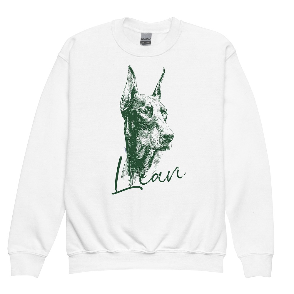 Youth sweatshirt with retro green portrait of a Doberman Pinscher, vintage-inspired artwork on soft fleece