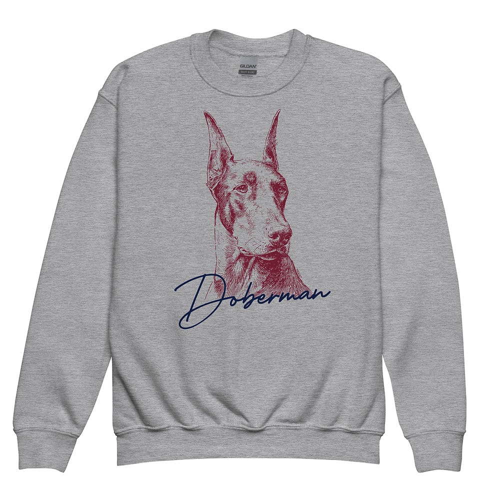 Youth sweatshirt with retro red and blue Doberman Pinscher portrait art, vintage-inspired breed design