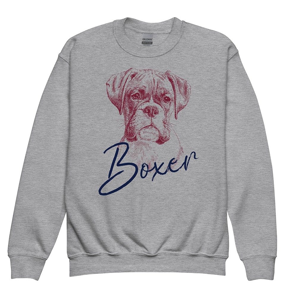 Youth crewneck sweatshirt with retro red and blue Boxer dog portrait artwork, vintage-inspired breed lover apparel