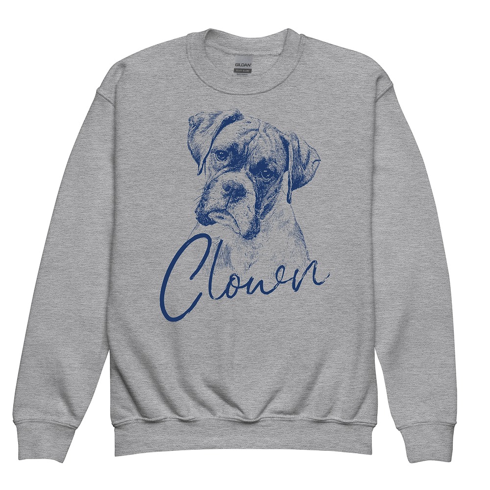 Youth crewneck sweatshirt with retro blue portrait Boxer dog art, ribbed cuffs, soft fleece blend fabric