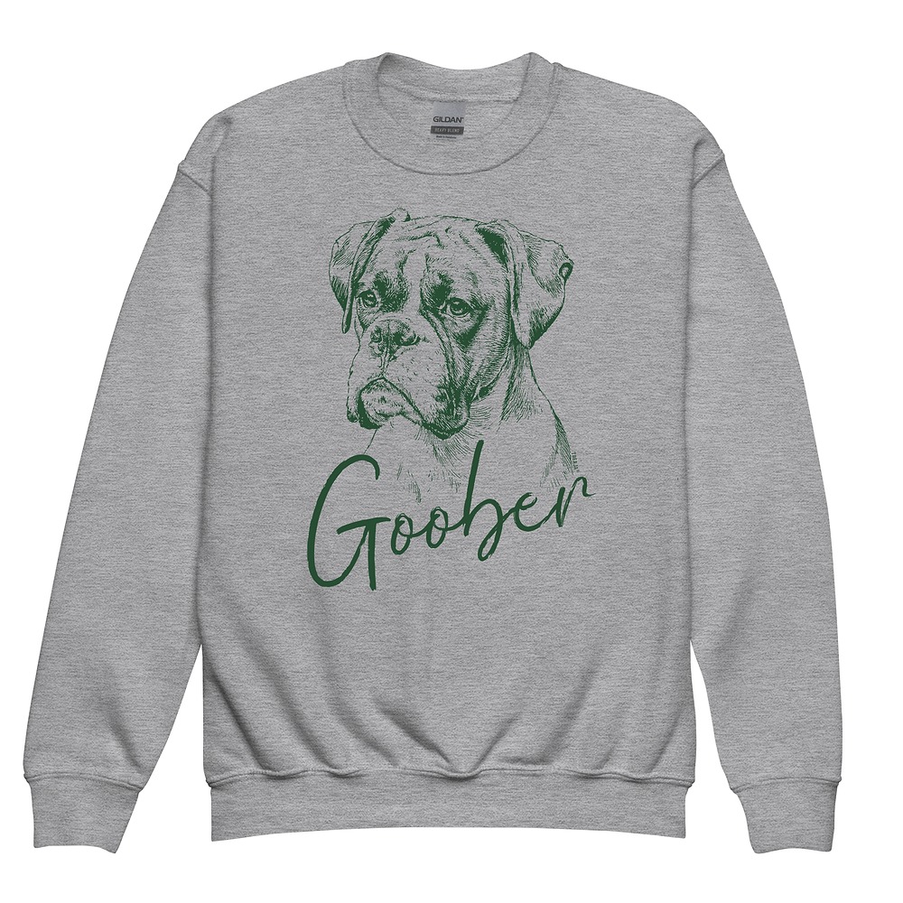 Youth crewneck sweatshirt with retro green portrait Boxer dog artwork, ribbed cuffs and hem
