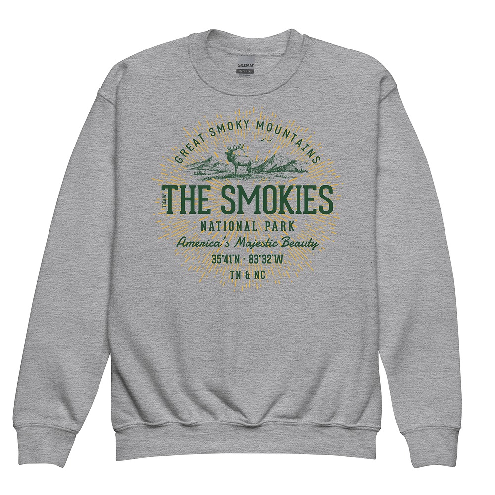 Youth sweatshirt with retro-style Great Smoky Mountains National Park lettering treatment