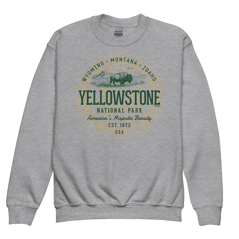 Youth sweatshirt with retro vintage-style Yellowstone National Park graphic artwork