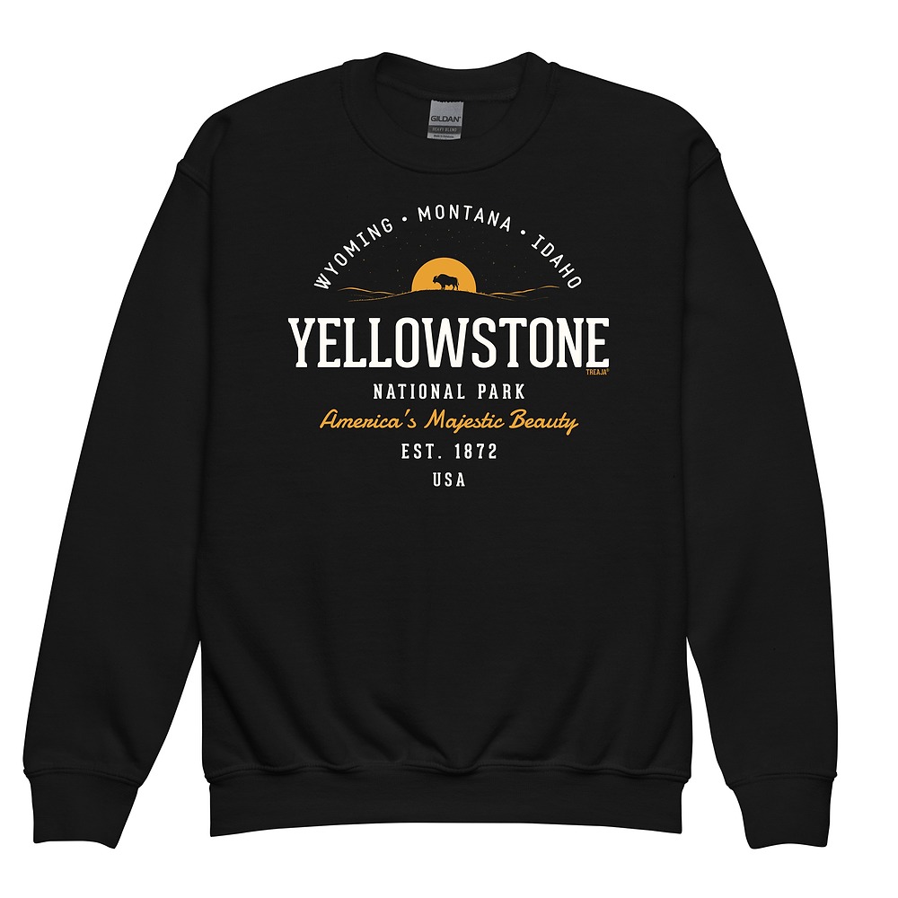 Vintage-inspired Yellowstone National Park youth crewneck sweatshirt with retro park name lettering