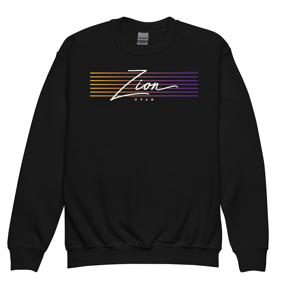 Youth sweatshirt featuring Zion National Park name in retro script lettering