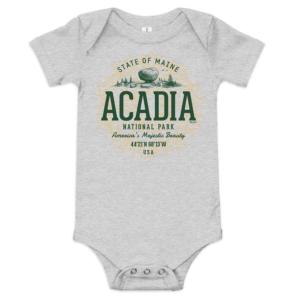 Retro Acadia National Park infant bodysuit with vintage-style distressed park lettering
