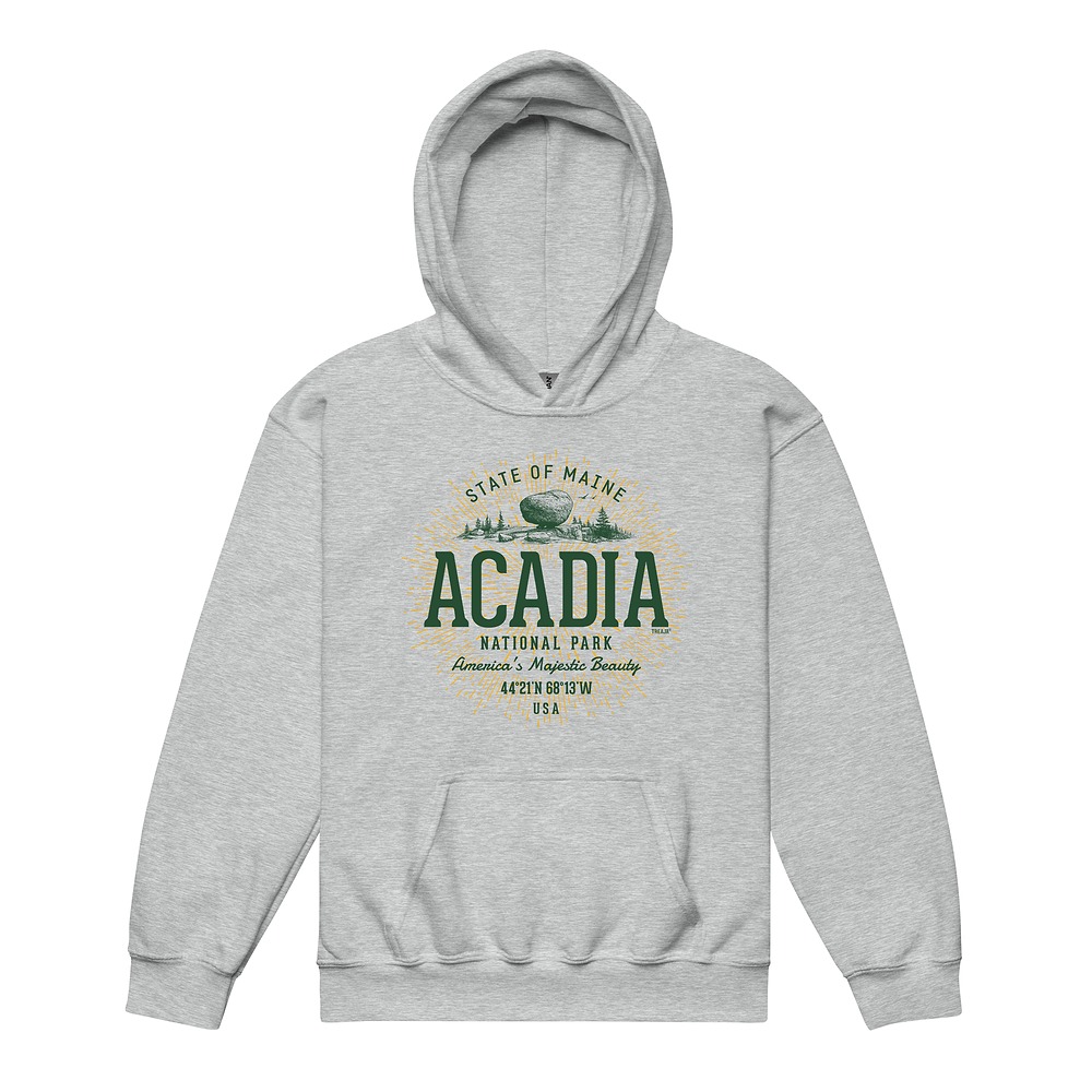 Youth hoodie featuring retro-style Acadia National Park graphic design