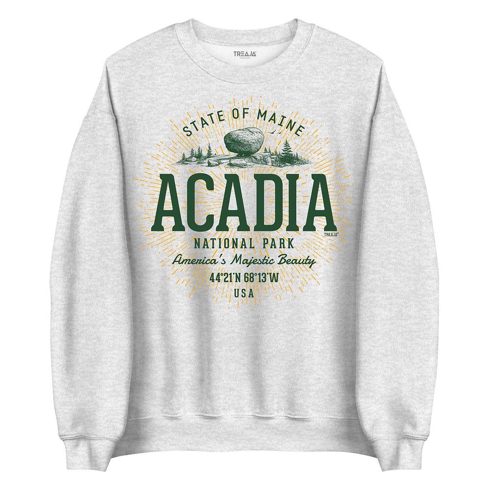 Unisex crewneck sweatshirt with retro-style Acadia National Park graphic artwork