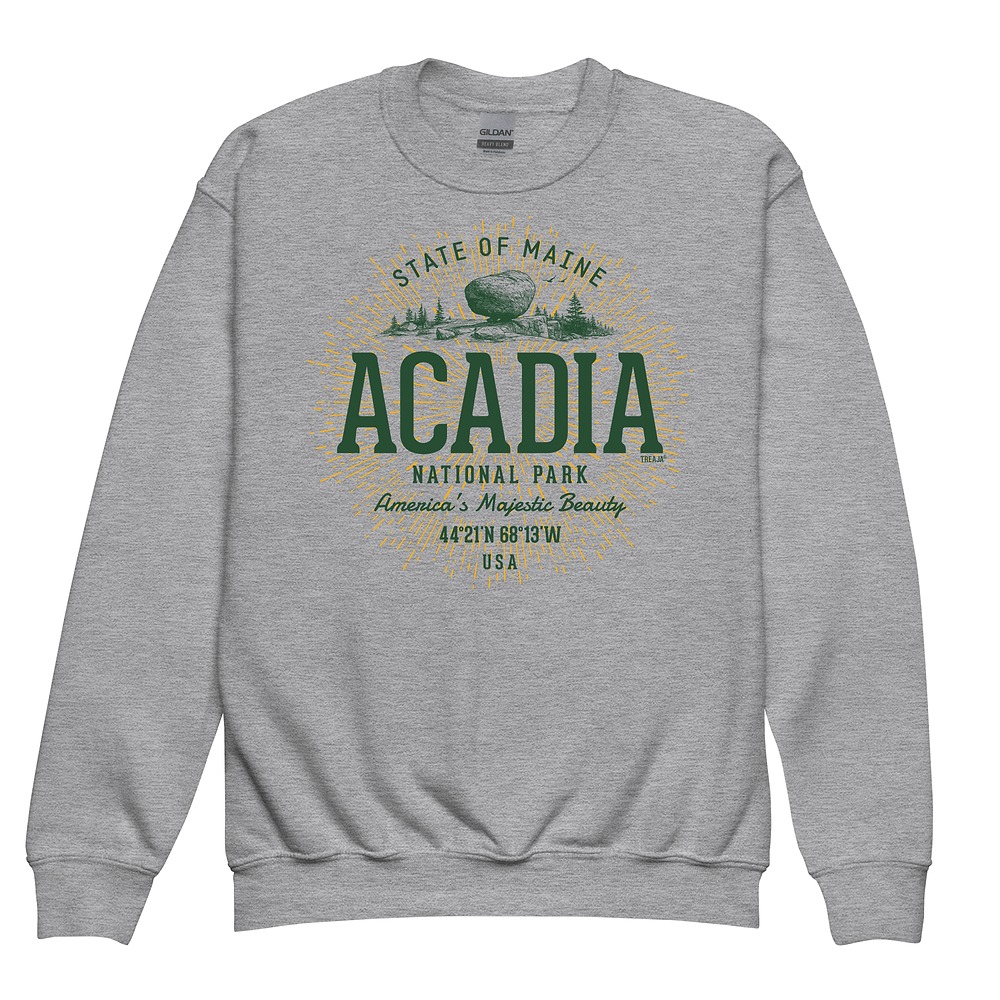 Youth crewneck sweatshirt with retro-style Acadia National Park graphic lettering and vintage-inspired design