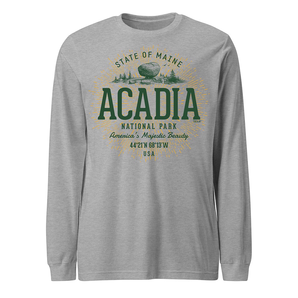 Retro vintage-style Acadia National Park unisex long sleeve tee with distressed lettering
