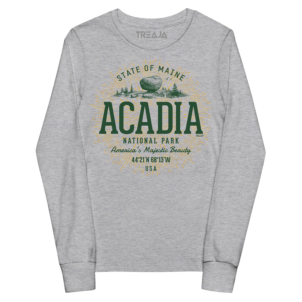 Youth long sleeve shirt with retro-style Acadia National Park graphic artwork
