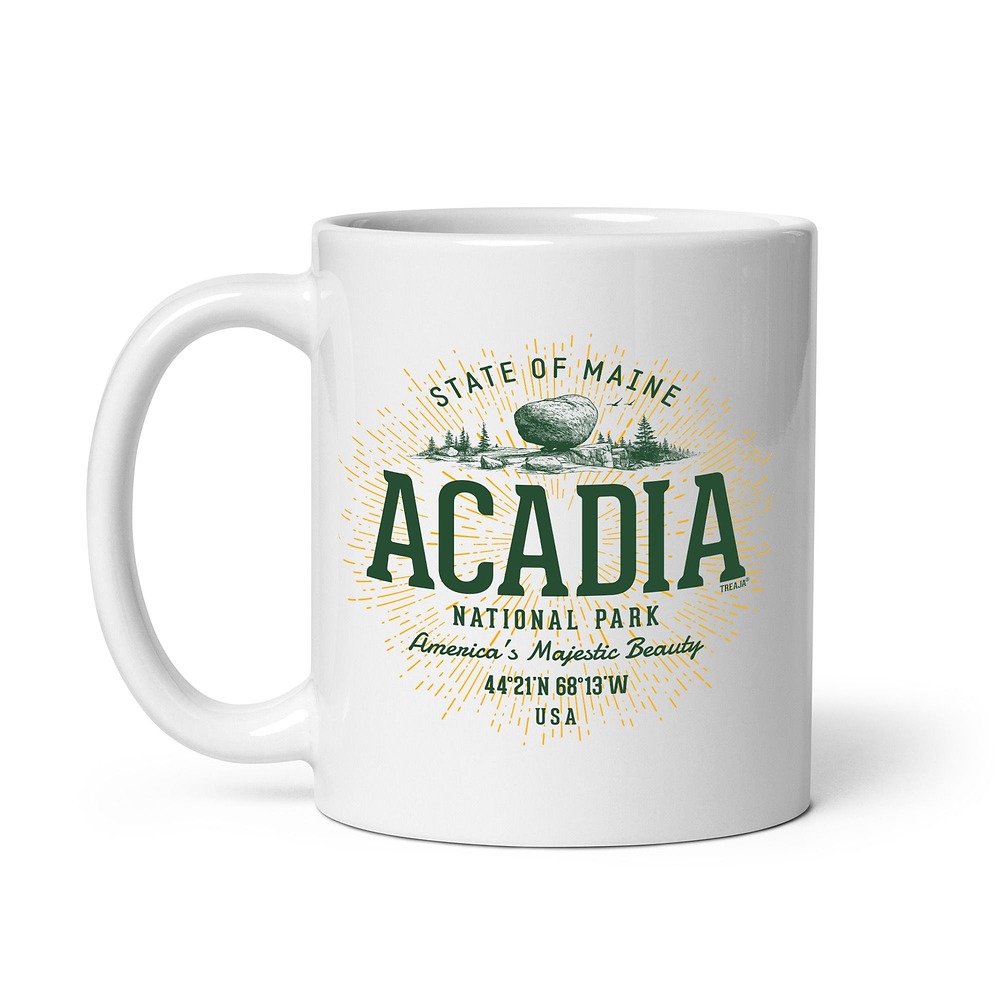 Retro-style Acadia National Park white glossy ceramic mug with vintage-inspired lettering
