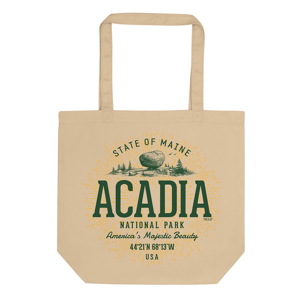 Organic cotton tote bag with retro-style Acadia National Park artwork, vintage-inspired lettering and design treatment