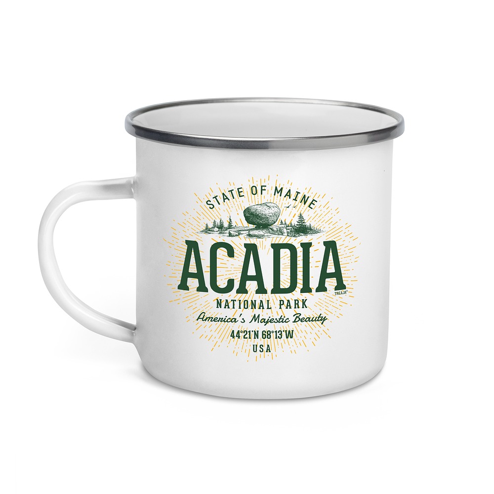 Retro Acadia National Park enamel camp mug with vintage-style artwork, 12 oz steel construction