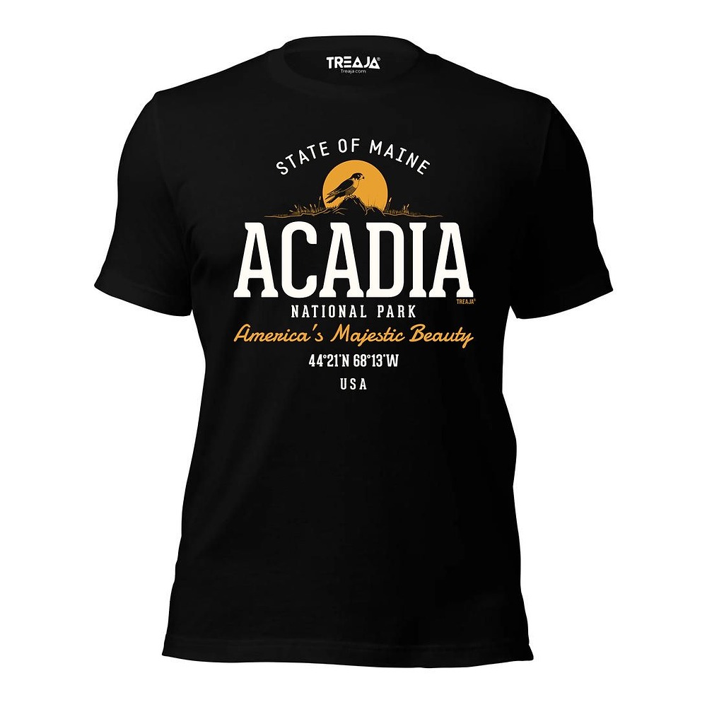 Vintage-style Acadia National Park unisex tee with aged retro lettering and faded distressed artwork