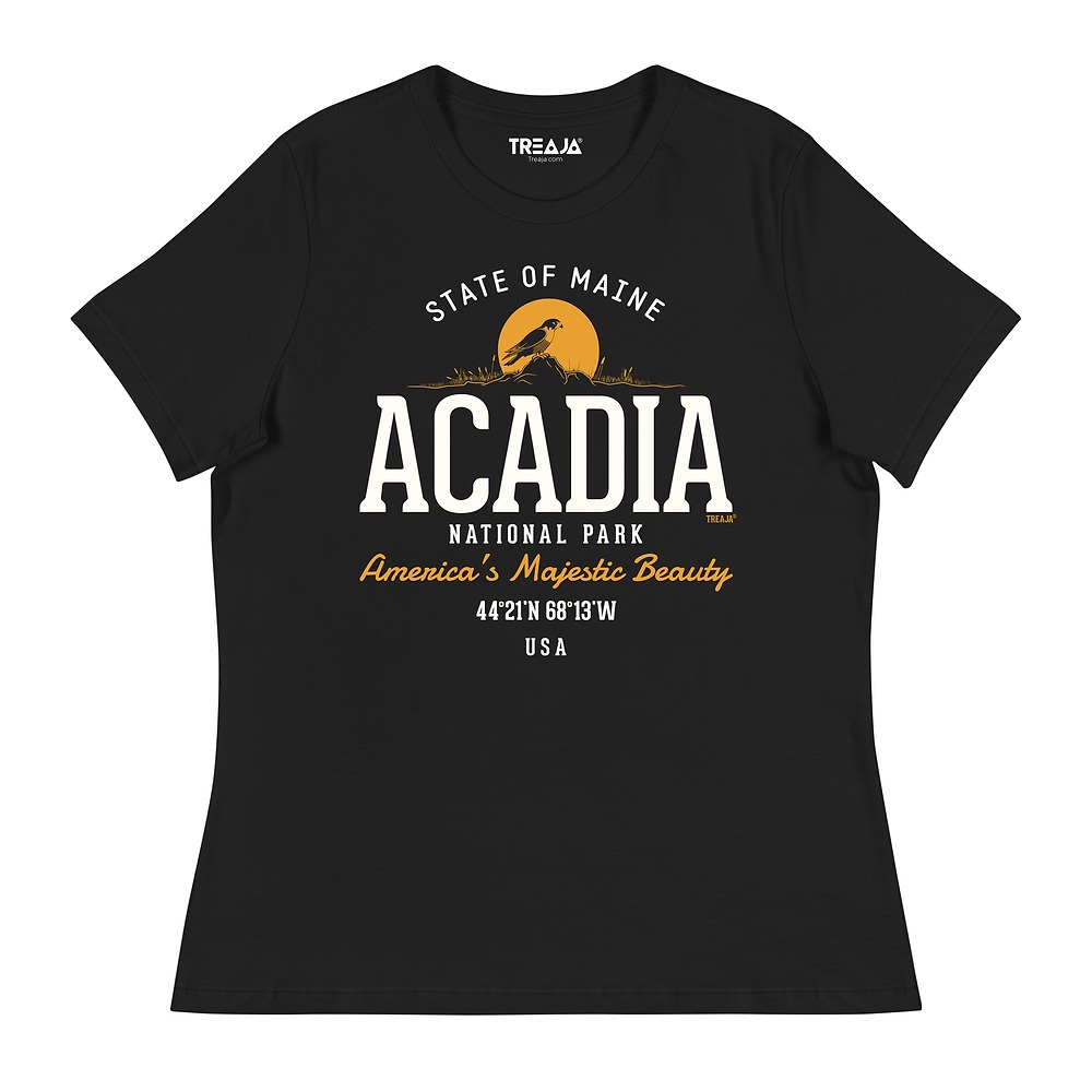 Women's relaxed tee with vintage-style Acadia National Park graphic treatment