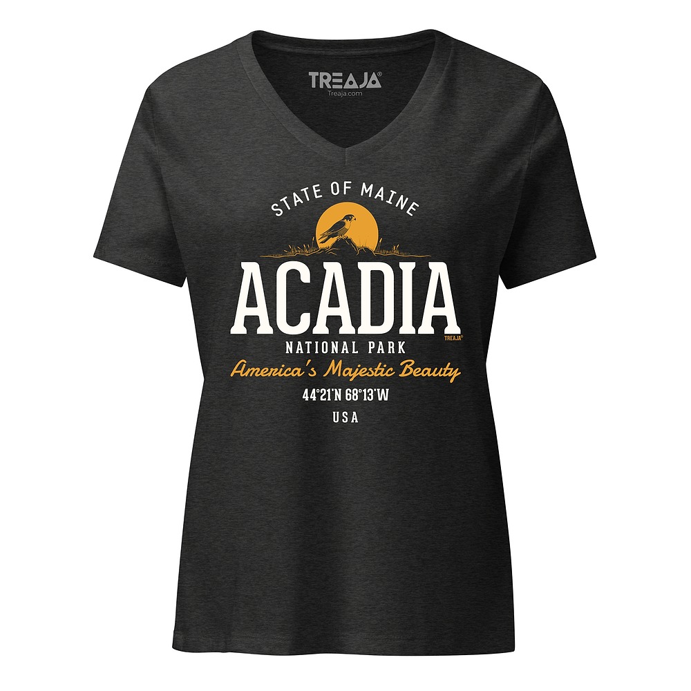 Women's V-Neck Tee with vintage-style Acadia National Park graphic art