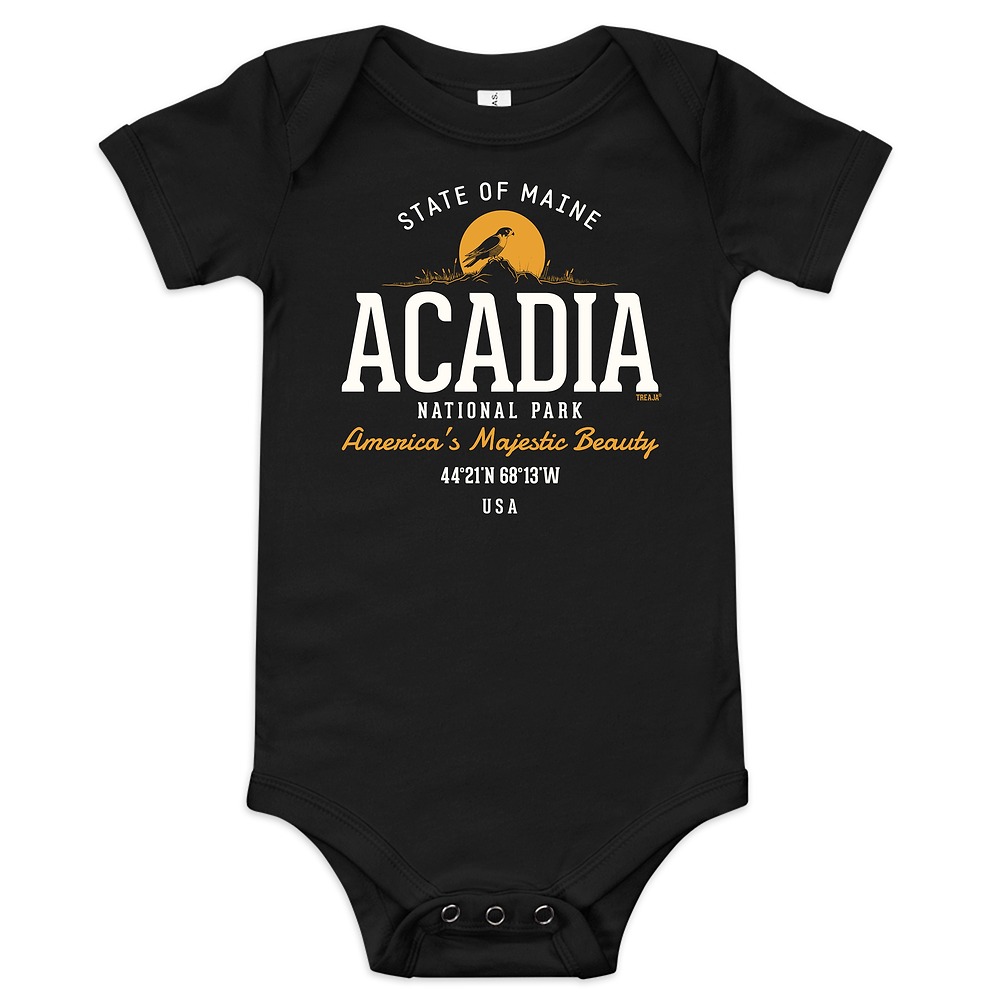 Infant bodysuit with retro-style Acadia National Park artwork on soft combed cotton