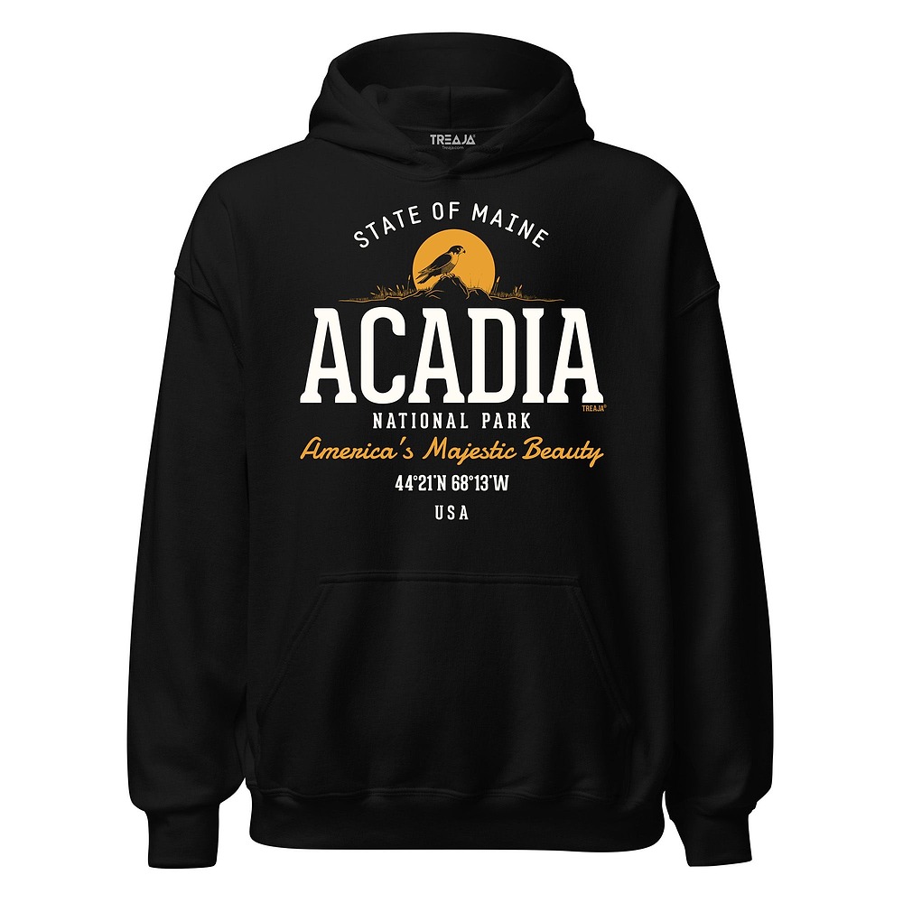 Acadia National Park vintage-style graphic unisex hoodie with faded retro lettering and artwork