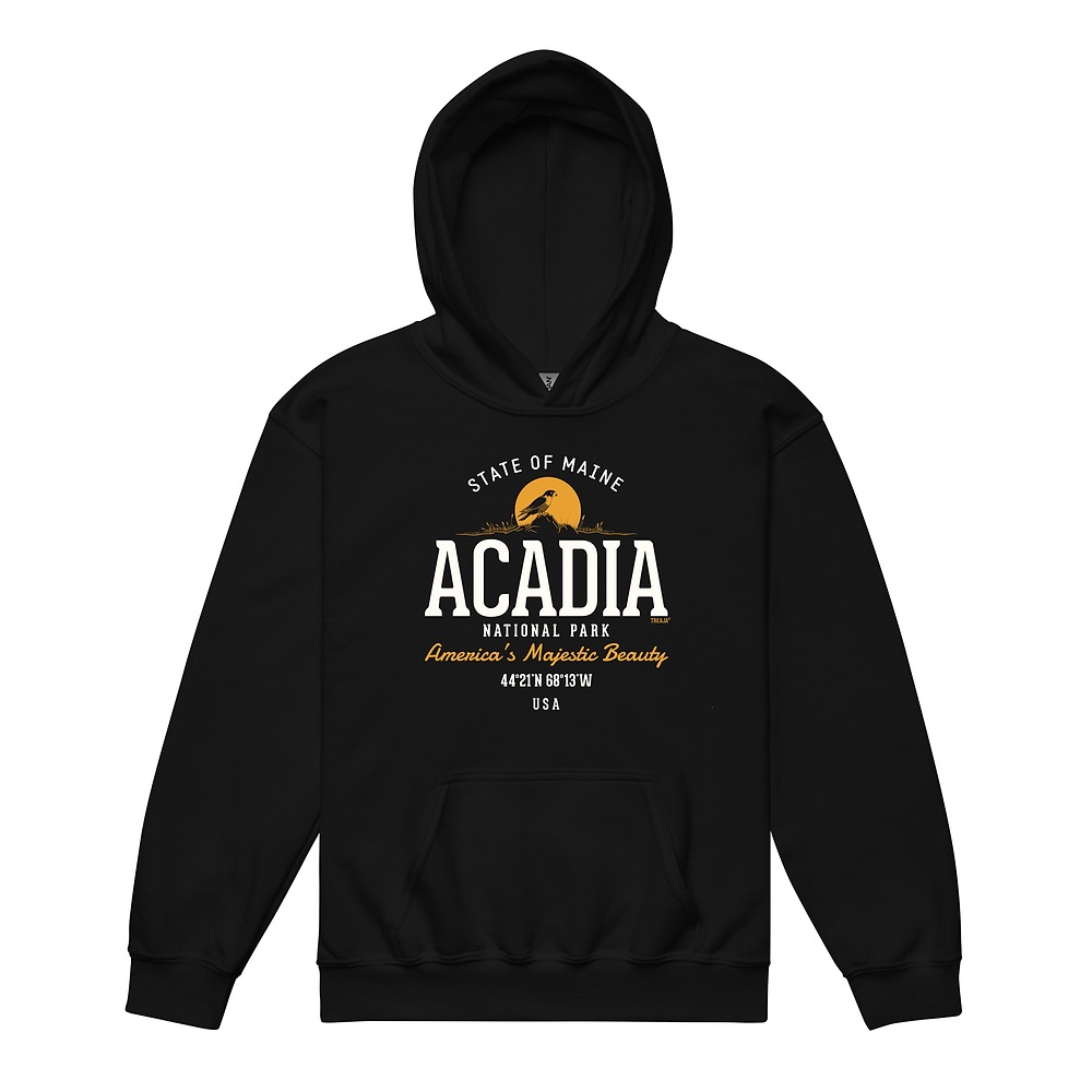 Youth hoodie featuring vintage-style Acadia National Park graphic lettering treatment