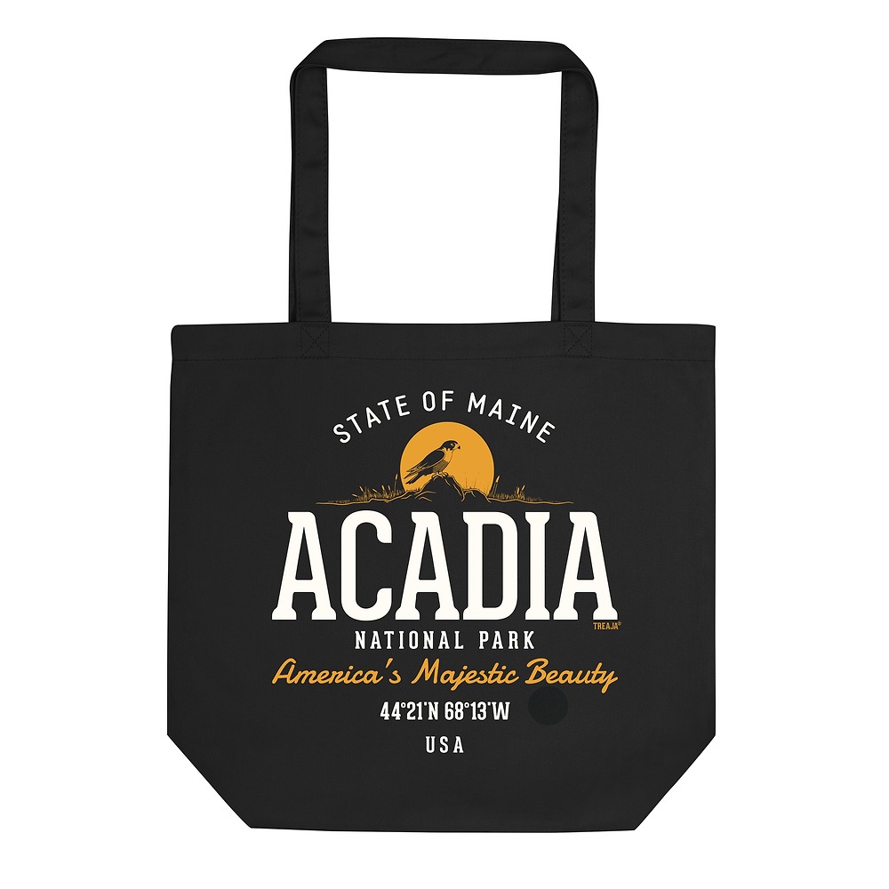 Organic cotton tote bag with vintage-style Acadia National Park graphic print