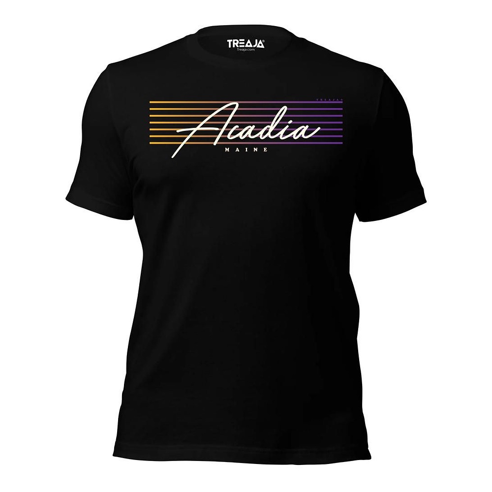 Unisex t-shirt featuring Acadia National Park name in retro flowing script lettering