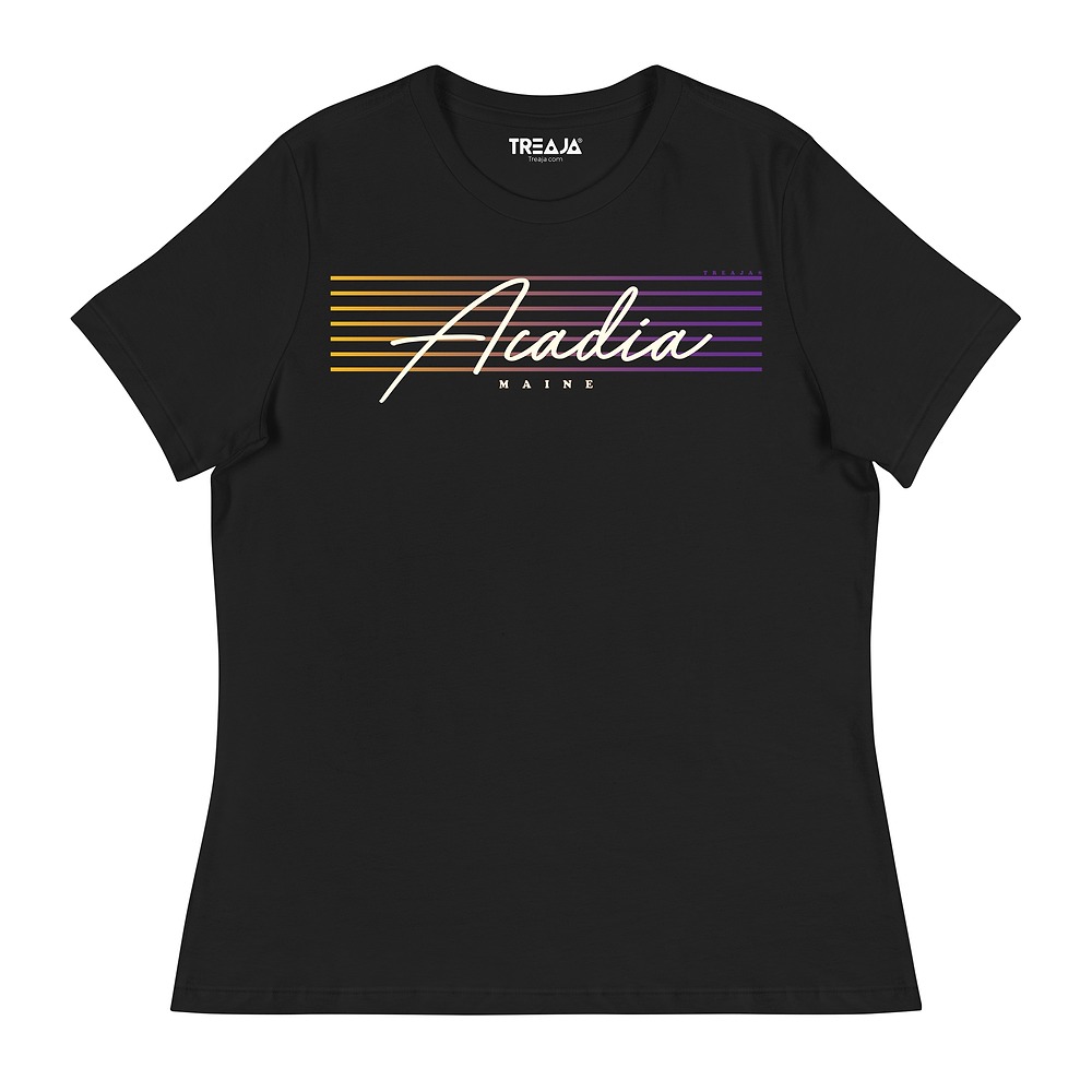 Women's relaxed tee featuring Acadia National Park name in retro script lettering